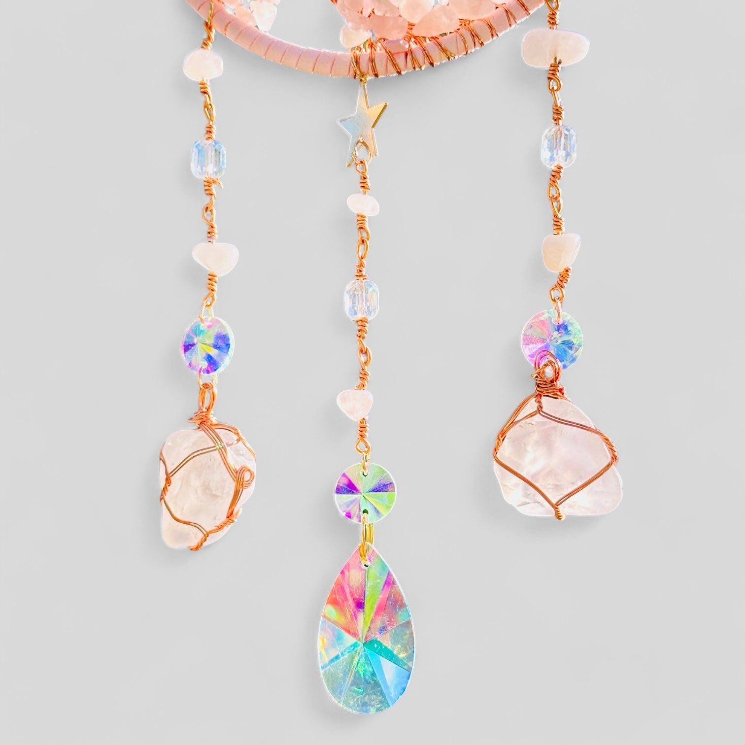 Pink Crescent Moon Dreamcatcher Suncatcher with Hanging Rose Quartz Charm -- Window Hanging or Wall Hanging-2